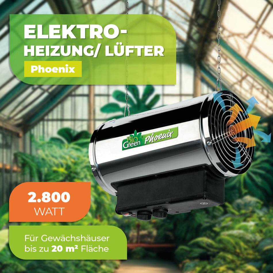 Gewächshausheizung "Phoenix" mit 3 Stufen bis 2800 W und 460 m³/h Luftumwälzung