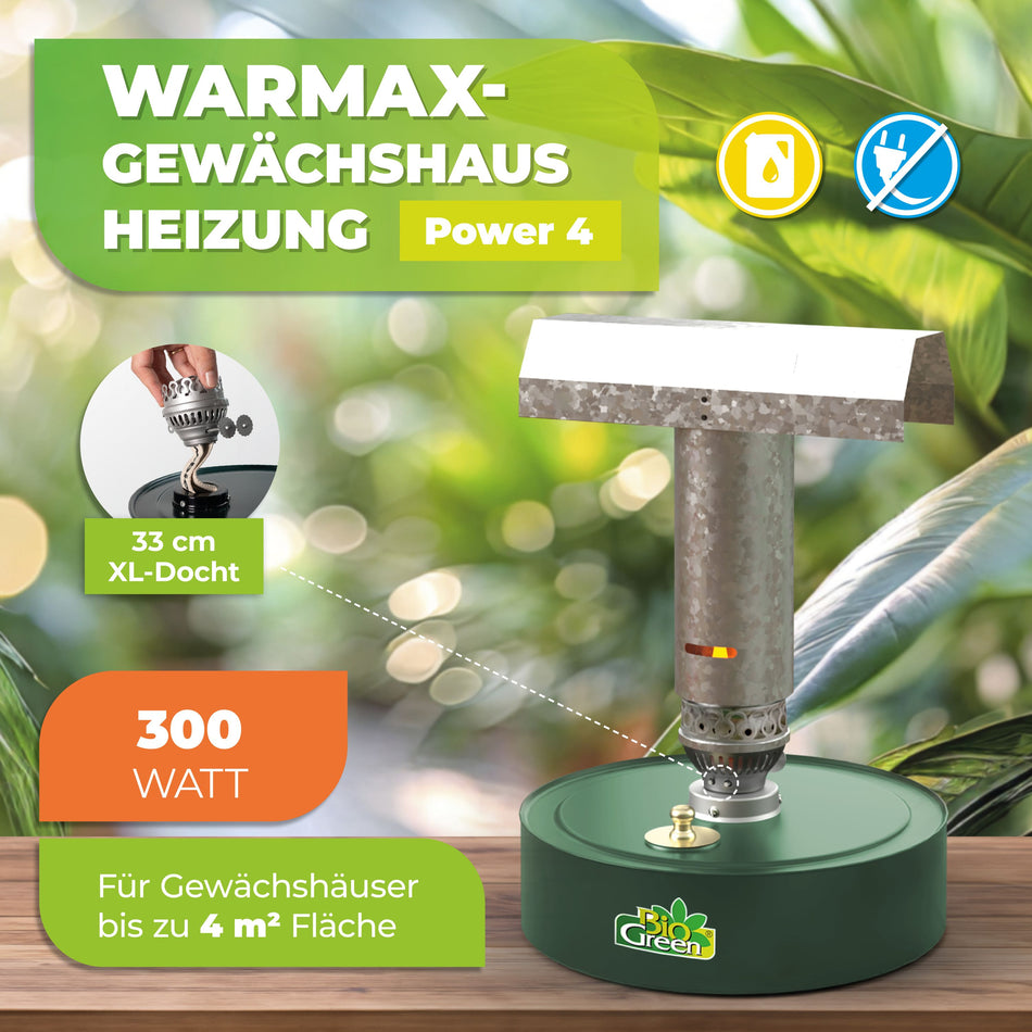 BioGreen Paraffin-Gewächshausheizung Warmax Power 4 aus Stahl Features 1