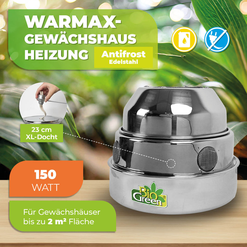 BioGreen Paraffin-Gewächshausheizung Warmax Antifrost aus Edelstahl Features 1