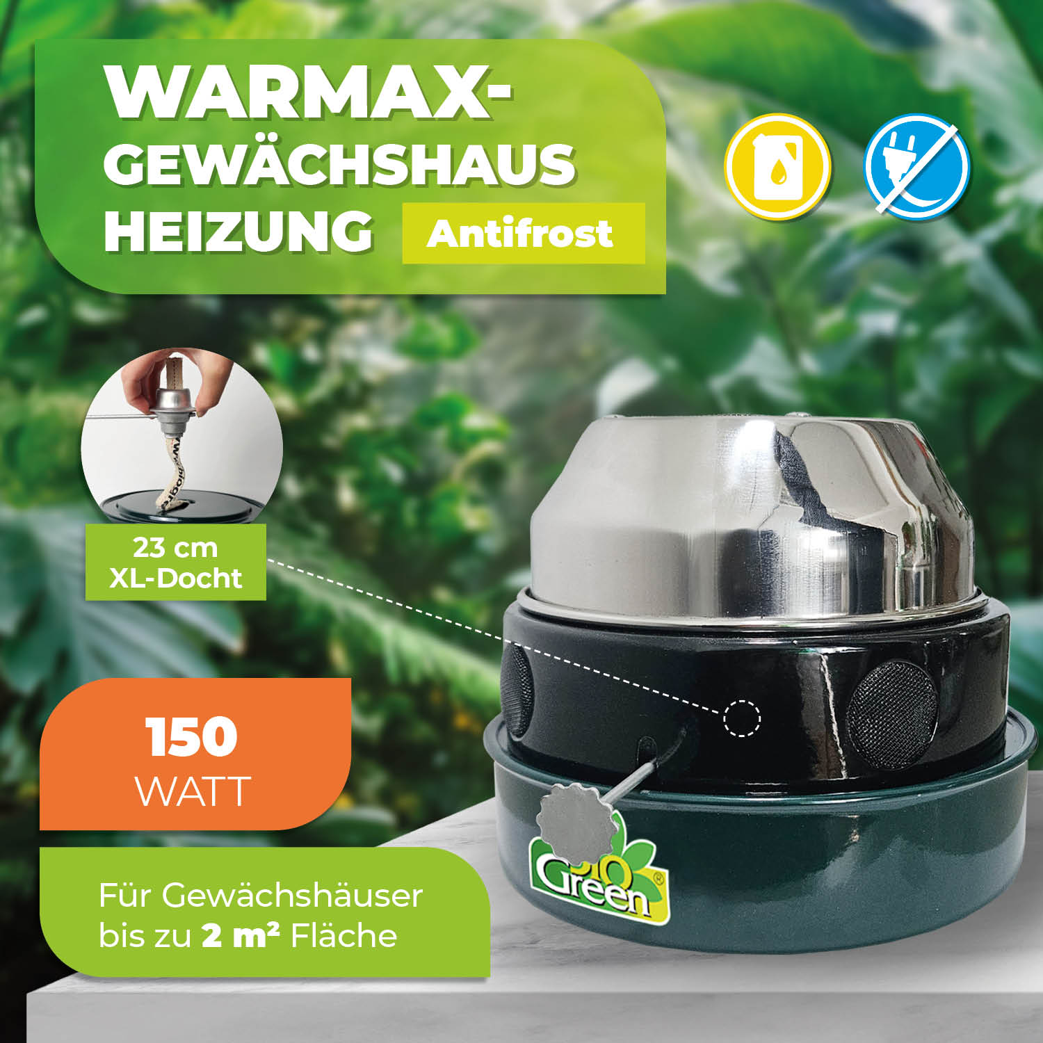 BioGreen-Paraffin-Gewächshausheizung Warmax Antifrost  aus Stahl Features1