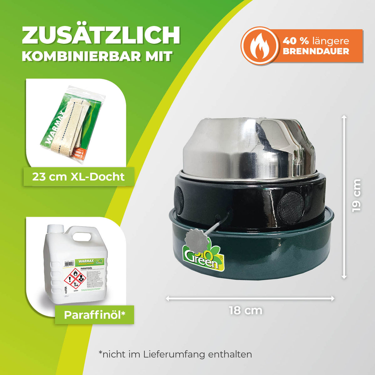 BioGreen-Paraffin-Gewächshausheizung Warmax Antifrost  aus Stahl Zubehör und Abmessungen