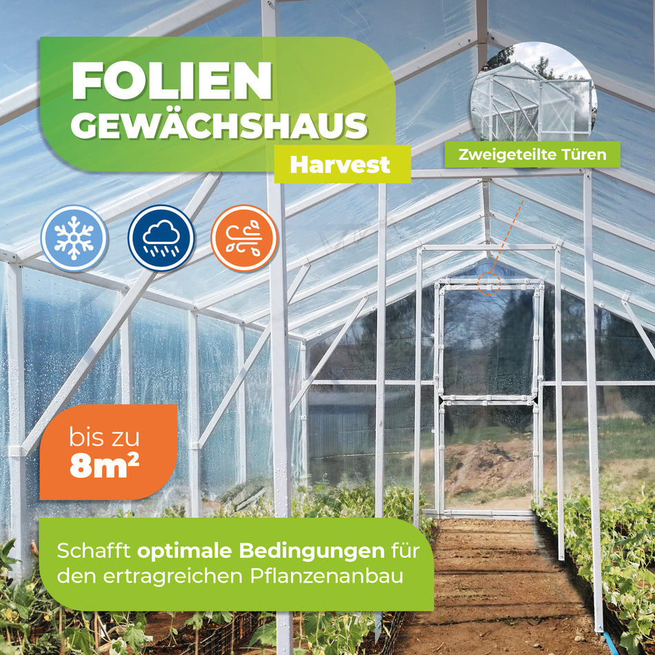 Folien Gewächshaus "Harvest" mit PVC Rahmengestell in 7 Größen erhältlich