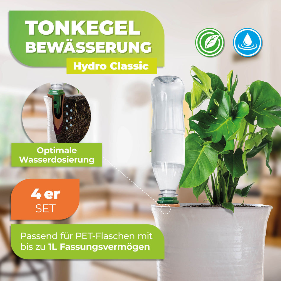 Tonkegelbewässerung 4 Stk. "Hydro Classic" für 1 L Pet-Flaschen
