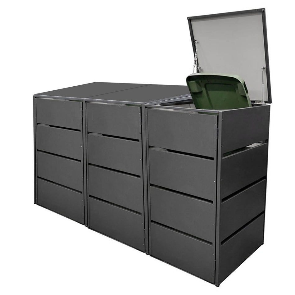 Mülltonnenbox 3er aus Metall, Hochwertig & Rostfrei, Anthrazit, Grifflos 120 - 240 L