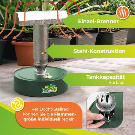 BioGreen Paraffin-Gewächshausheizung Warmax Power 4 aus Stahl Features 3