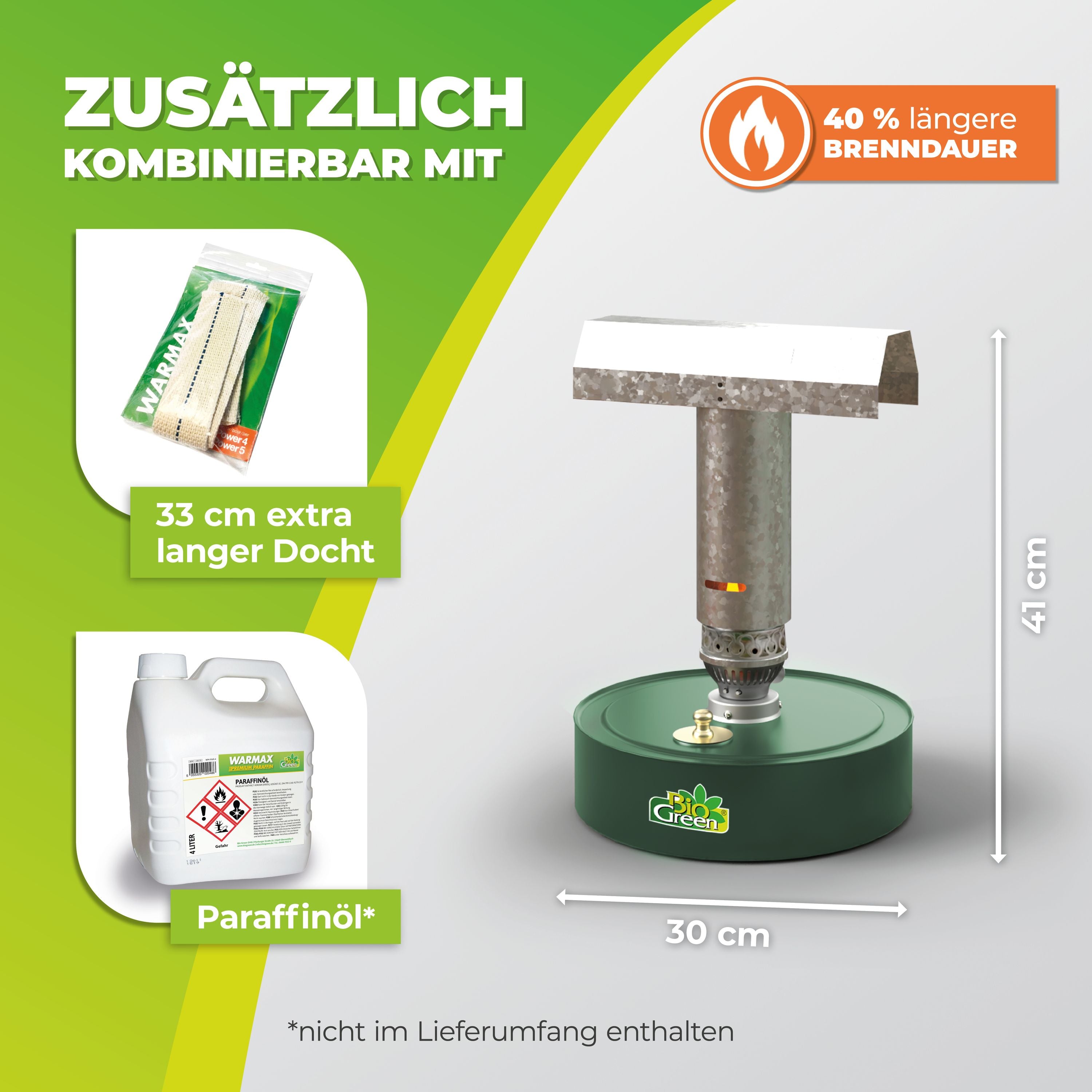 BioGreen Paraffin-Gewächshausheizung Warmax Power 4 aus Stahl Zubehör und Abmessungen