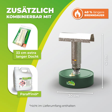 BioGreen Paraffin-Gewächshausheizung Warmax Power 4 aus Stahl Zubehör und Abmessungen
