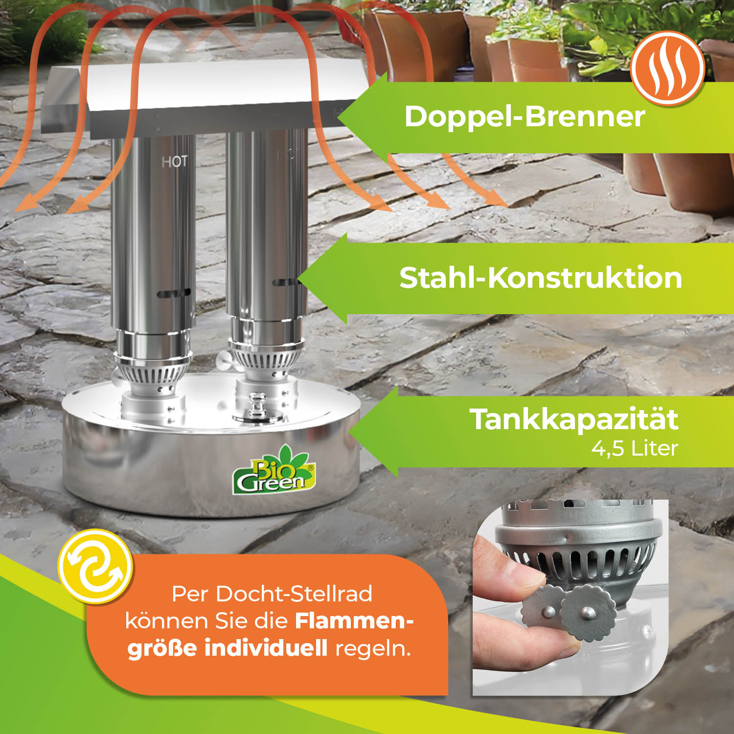BioGreen Paraffin-Gewächshausheizung aus Edelstahl Warmax Power 5 weitere Features