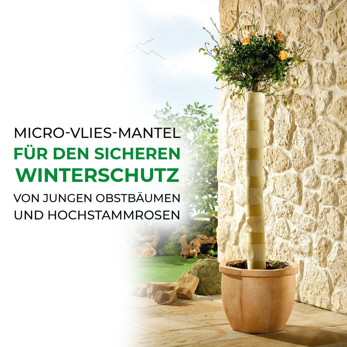 Bio Green Schutzmantel für Baumstämme aus Micro-Vlies für Winterschutz von jungen Obstbäumen und Hochstammrosen