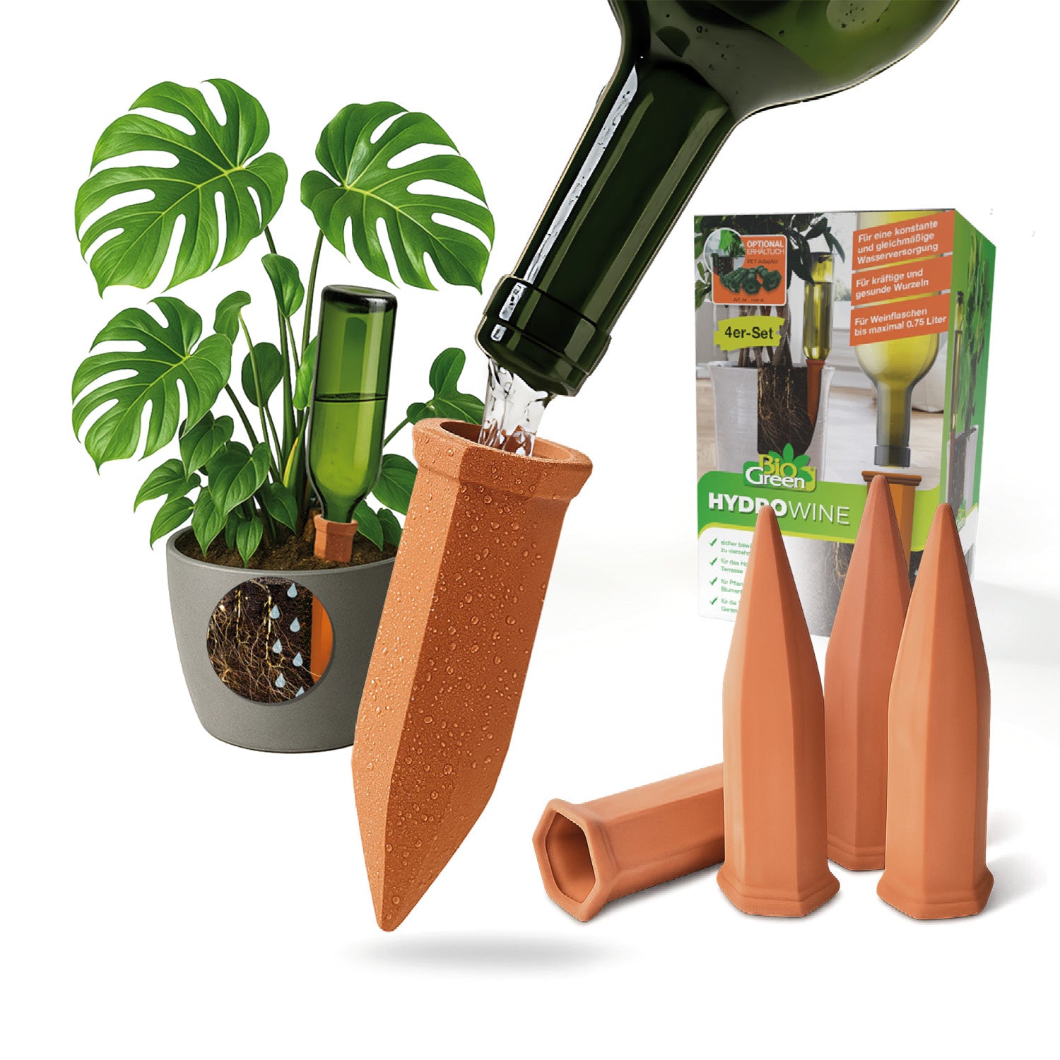 Arrosoir pour plantes en pot « Hydro Wine » 4 pièces. Cônes d'argile pour bouteilles de vin et PET