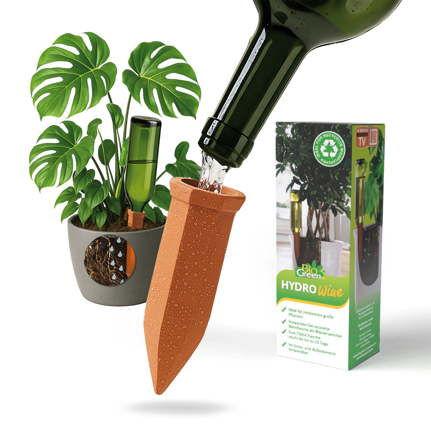 Arrosage de plantes en pot Cônes d'argile « Hydro Wine » pour bouteilles de vin et PET