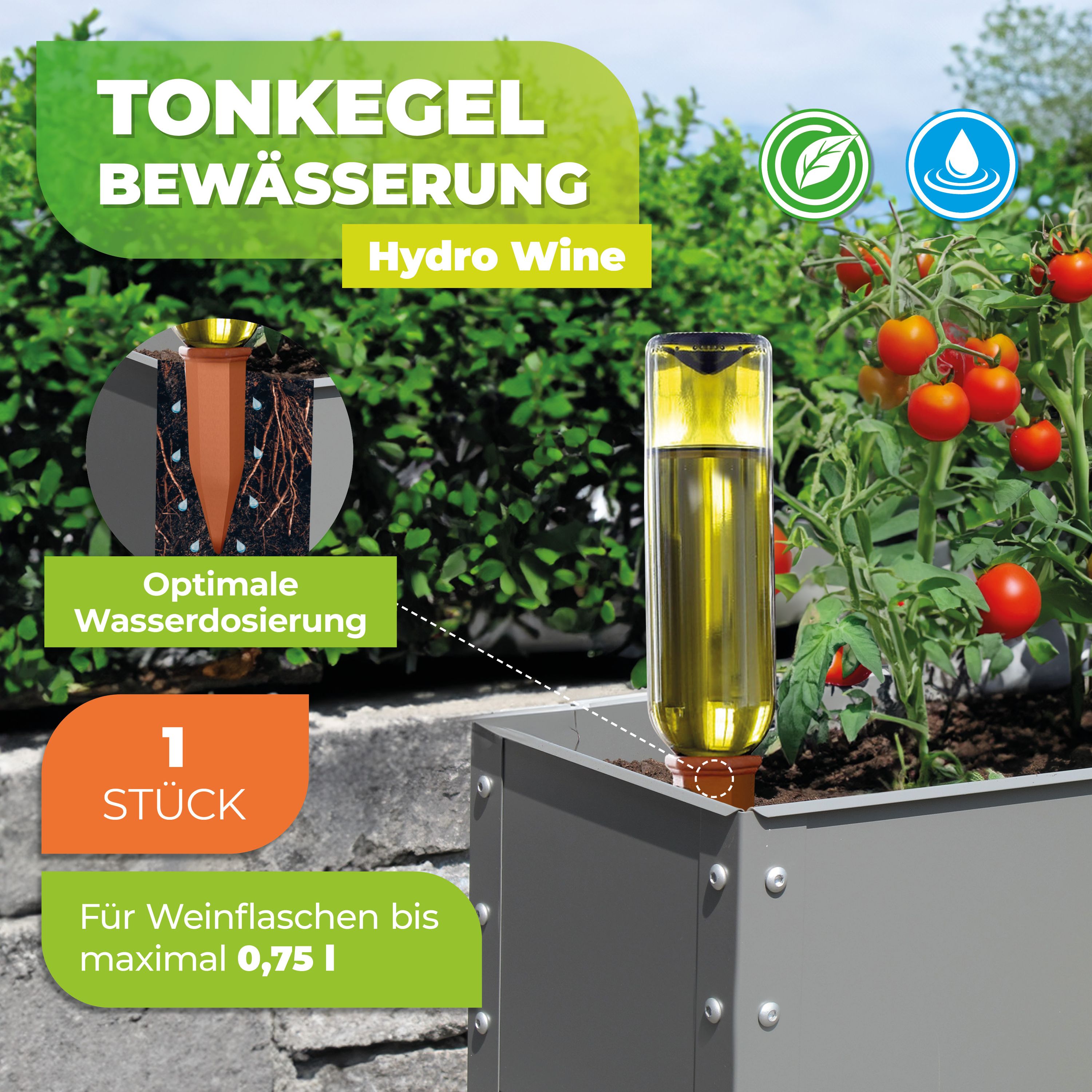 Topfpflanzenbewässerung „Hydro Wine“ Tonkegel für Wein- & PET-Flaschen