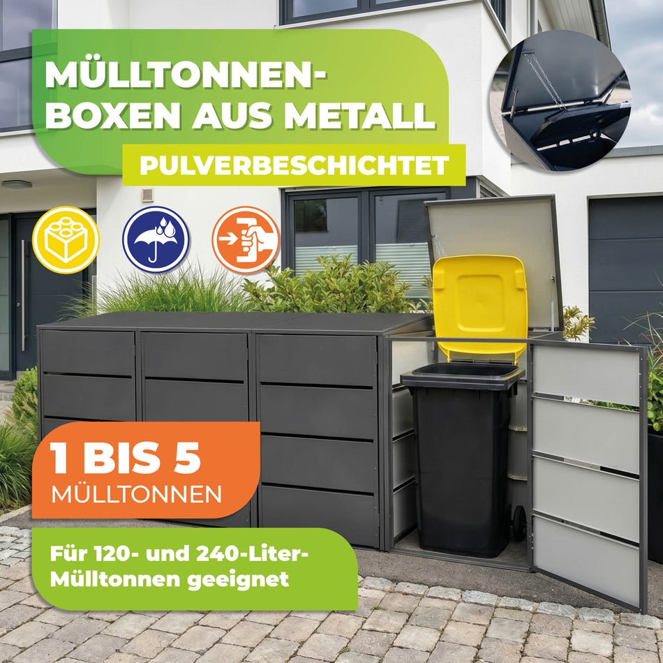 Mülltonnenbox 3er aus Metall, Hochwertig & Rostfrei, Anthrazit, Grifflos 120 - 240 L