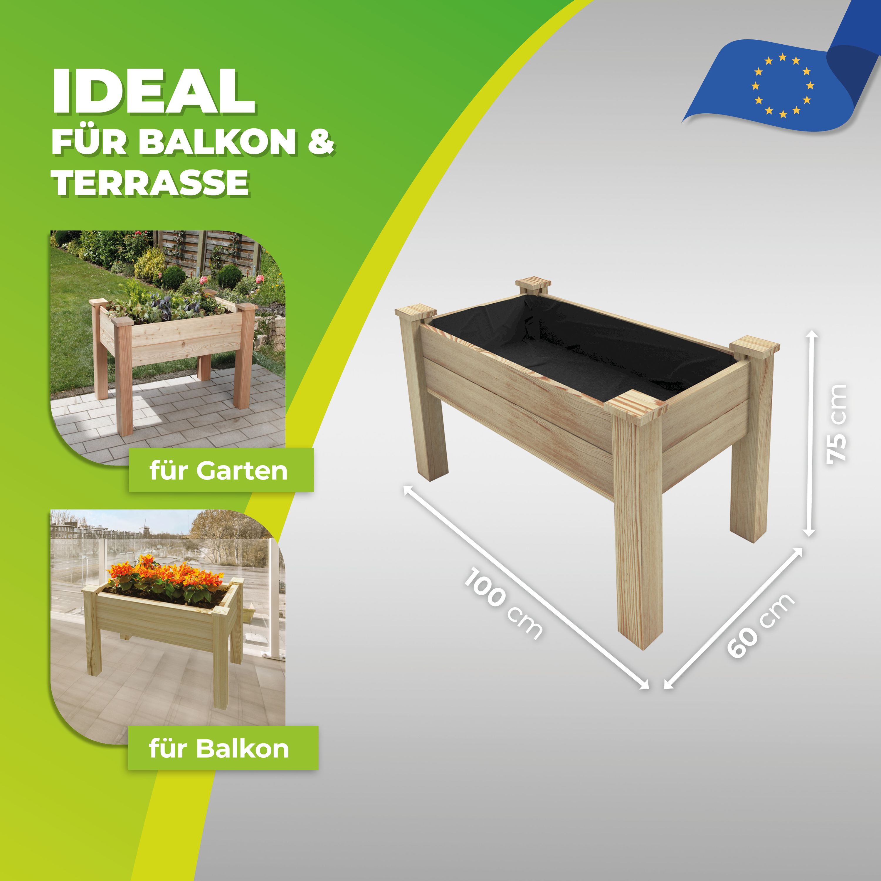 Hochbet Windsor en bois de mélèze pour balcon L 100 x W 60 x H 75 cm