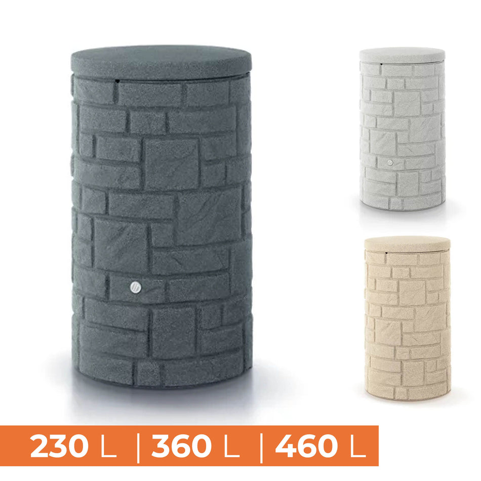 Regentonne ARCADO, vers. Größen & Farben, runde Mauersteinoptik